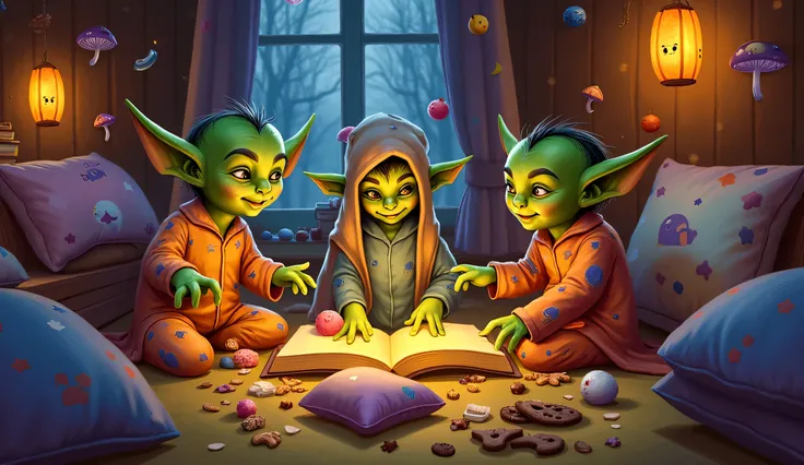 goblin, many_children, many_kids, pajama party, mismatched colorful pajamas, stars, moons, funny monster prints, one goblin has a nightcap too big for their head, another is wrapped in a blanket like a cape, cozy messy room filled with glowing mushrooms, p...