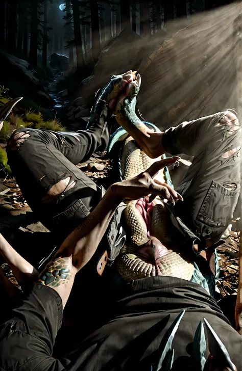 Pov:1.3, point of view, pov view, view from top:1.3, in frame, view from ground, low angle, fetal position, sitting, lean on ruins, human head, lips, nose, human skin, own long body, long neck, own legs, human feet, wings, transformation, human morfing int...