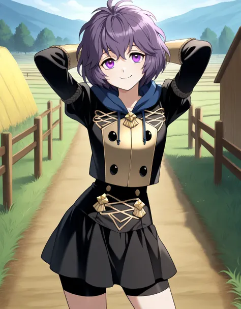 dfbndta, purple hair, messy hair, hair between eyes, grey eyes, black jacket, blue hood, hood down, black buttons, black skirt, shorts under skirt, anime screencap, high quality, solo, farm, sunsetting, grass, hands behind head, ((contrapposto)), closed mo...