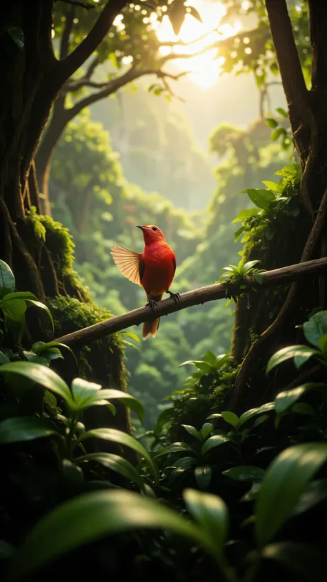 highdefinition images,アマゾンの奥地にいる、small bird with beautiful red feathers、image of the moment it leaves a branch in the outback of the Amazon、