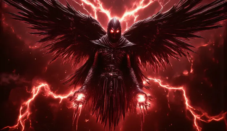 a first world war soldier in a dark brown uniform with a long cloak and a gas mask. he has a fantasy hell machine gun burning with hell fire in his two hands. the lenses of the gas mask are burning red. two crow wings grow out of his back. he descends from...