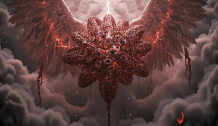 a creepy biblical angel. Wheels inside wheels, studded with eyes. a black creepy creature. blood-red eyes. crimson lightning Black 
 clouds. bloody lighting. blood rain. horror.