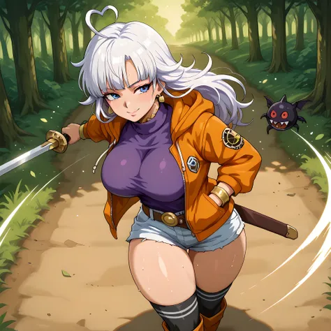 high rear angle, ((anime scene, 1woman, solo, swordsman in battle pose, drawing sword, movement of sword being removed from sheath, slashing attack, trail of attack, epic battle scene, enemy in front of protagonist, shadowy creature):1.10), (anime style Ch...