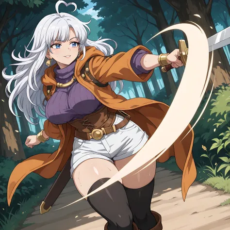 character seen from the side, observer's point of view, ((tilted camera, view of the attack against a giant dark monster, anime scene, 1woman, solo, swordsman in battle pose, drawing sword, movement of sword being removed from sheath, slashing attack, trai...
