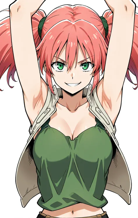 masterpiece, best quality, amazing quality, anime screencap, anime coloring, 1girl, solo, Nadia Cassel,dark pink hair,long hair,high twintails,sidelocks,hair between eyes,parted bangs,green eyes,collarbone,cleavage,beige vest,sleeveless vest,midriff,tank t...