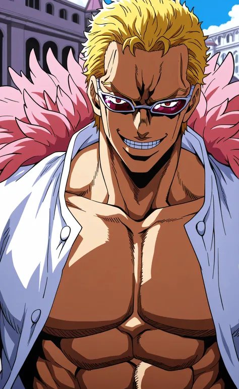 1male,solo,Don Quixote Doflamingo,blond hair,short hair,sunglasses,Crazy smile,white shirt,open shirt,big muscle,Opera house,Jojo's Bizarre Adventure Style
