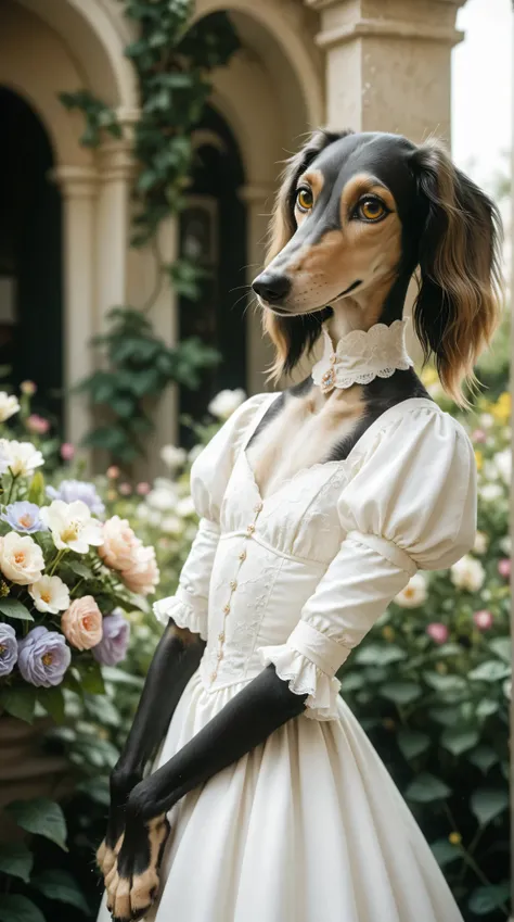 happy girl standing in a white dress. Set against an Victorian backdrop that is covered in flowers. saluki, greyhound, borzoi, sighthound, beautiful eyes, golden eyes, paws, (black fur), flat chest