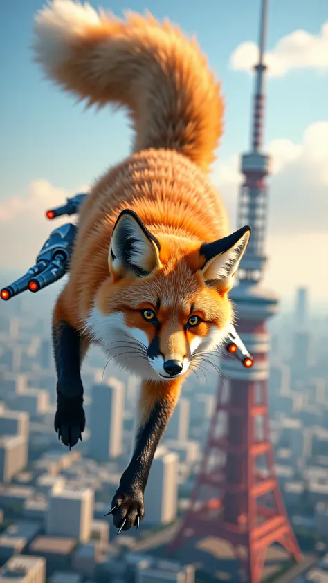 highdefinition images,The two rear legs of the red fox are jet engines flying beside Tokyo Tower、The front legs are put forward and the tail is standing and used as the tail、