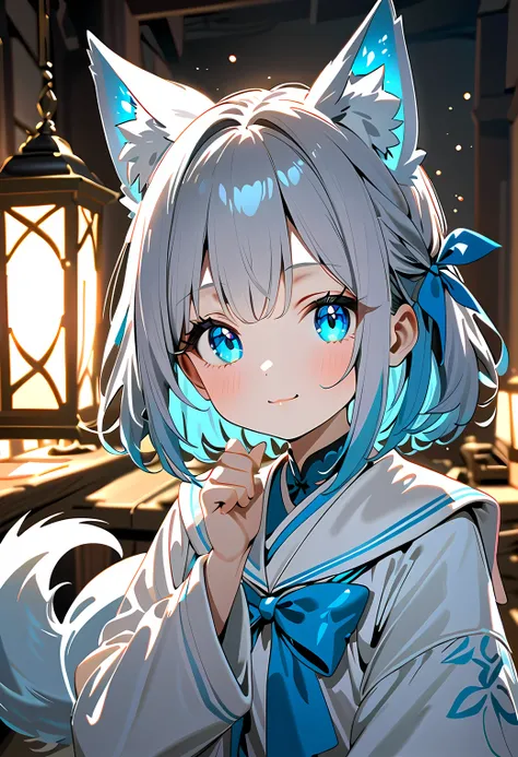 Little Fox Girl Silver Hair Doya face cute inner color blue