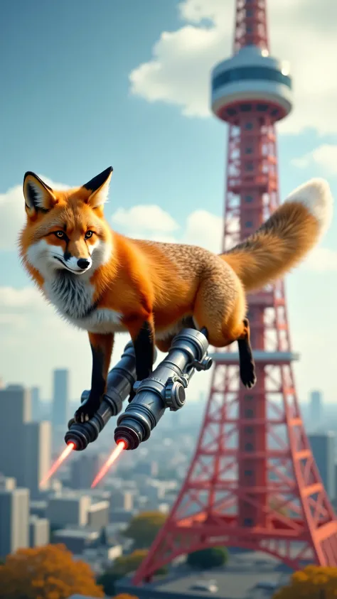 highdefinition images,The two rear legs of the red fox are jet engines flying beside Tokyo Tower、The front legs are put forward and the tail is standing and used as the tail、