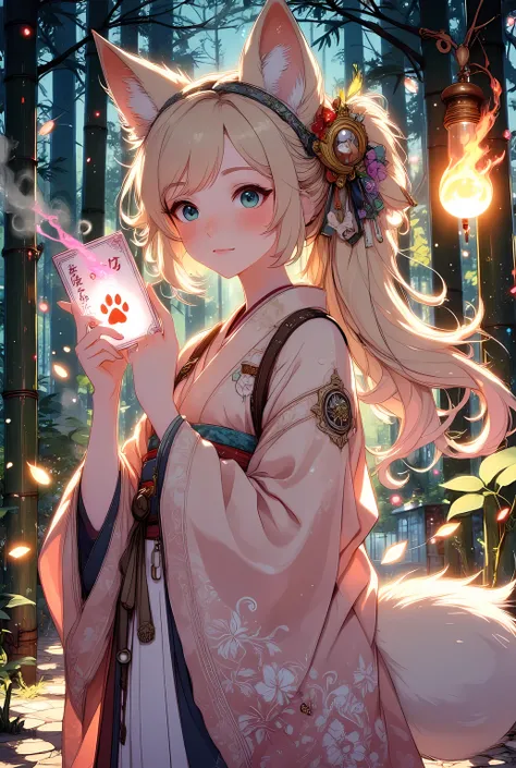anime style, a young fox girl in a traditional kimono gently removing her fox mask in a bamboo forest at dusk, long flowing hair, soft animal ears and a fluffy tail, holding a small letter sealed with a red fox paw print, golden and pale pink leaves gently...