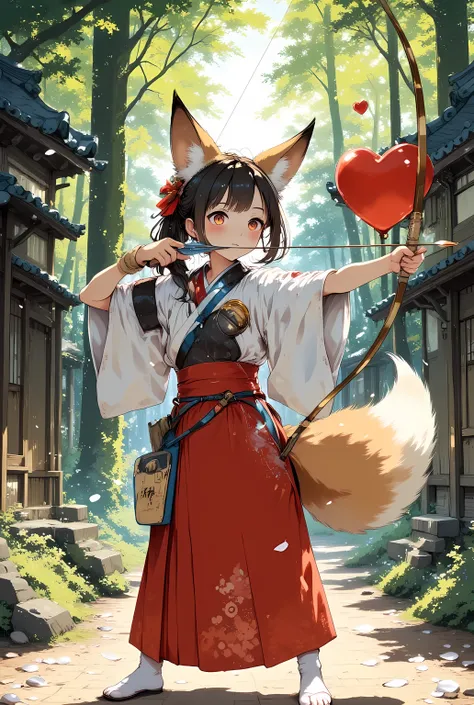 anime style, full body shot, cute fox-eared shrine maiden wearing a red and white traditional outfit, standing in a peaceful forest village path, holding a yumi (Japanese longbow) in a kyudo-aiming pose, arrow loaded with a big heart instead of a tip, play...