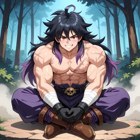 ((anime battle angle, walking, smile with teeth sample, body upright)), ((directing his hands to punch the opponent, looking at the devastating dark magic attack unleashed from his punch, attack pressure, epic anime scene, 1man, solo, in battle pose, punch...