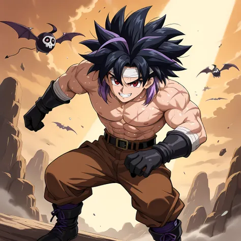 (high side angle, smile with teeth sample, body upright), ((directing his hands to punch the opponent, looking at the devastating dark magic attack unleashed from his punch, attack pressure, epic anime scene, 1man, air pressure attack, epic battle scene):1...