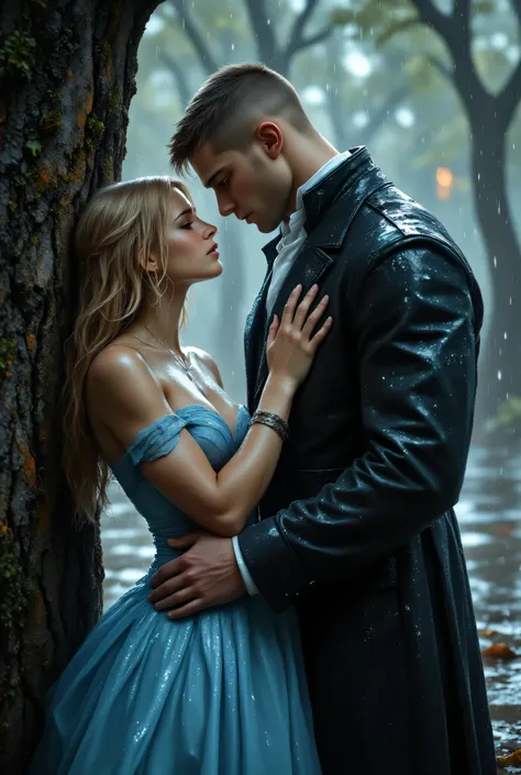 couple man and woman, woman presses her back against a tree, and man wants to kiss her, she is cute little blonde in blue ball gown, he is muscular big white skin tall glossy skin short hair shaved temples long bangs, in frock coat, it is raining, they are...
