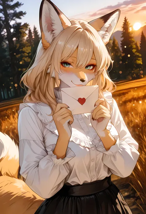 1 Beautiful Girl, from above:1.2, Blonde, Holding a Letter, blouse, black skirt, Letter with Heart, fox, furry, slender body, (Fox face, fox ears, fox hands, fox's paw, paw paw, fox tail),High Quality, detailed facial details, 4K high quality, anime style,...