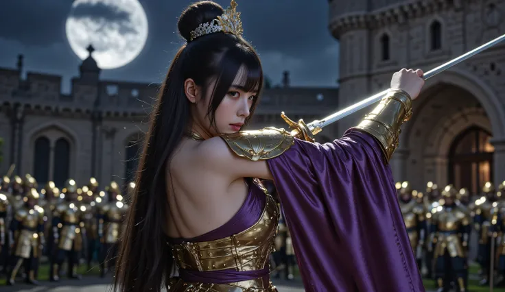 A Japanese woman is sticking a sword on the ground,  The composition is her whole body, She is wearing a fantasy armor over her dress, She is wearing a  Takebe Motoichiroh style sexy dress, The dress color is purple, The dress has bare shoulder, She is wea...