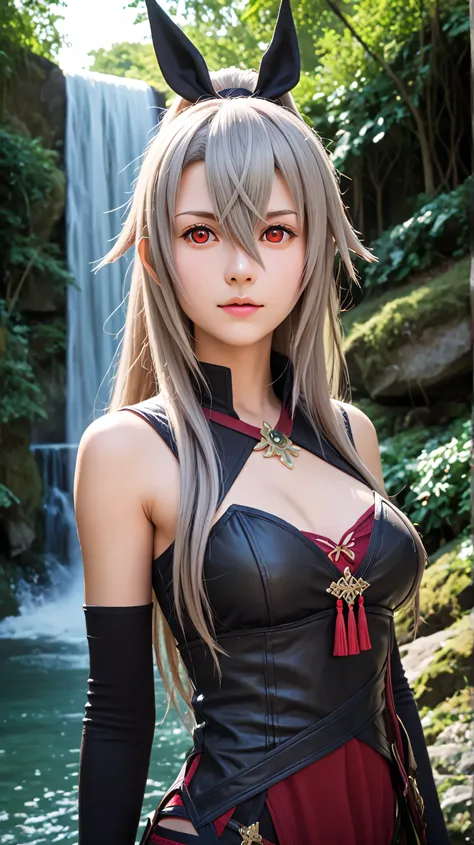 1girl, solo,eydish,red eyes,gray hair,long hair,outdoors,potrait,medium breast,forest,(half body:1.4),front view,standing under waterfall,waterfall background,looking at viewer,(potrait view:1.4),standing under waterfall(wear final fantasy outfit:1.4),(hai...