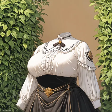 Hilda Valentine Goneril, white blouse, black skirt, Garreg Mach uniform, chubby, fat, masterpiece, Crossed arm, in garden, (invisible:1.5, no humans:1.5, headless:1.5, faceless:1.5), cute big huge breasts, close-up to breasts, detailed cloth texture, extre...