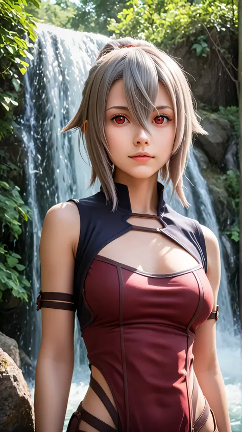 1girl, solo,eydish,red eyes,gray hair,short hair,outdoors,potrait,medium breast,forest,(half body:1.4),front view,standing under waterfall,waterfall background,looking at viewer,(potrait view:1.4),standing under waterfall(wear jedi outfit:1.4),(hair betwee...