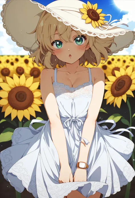  highdefinition images、Fuwa Aika、One personの女の子、One person、anime(White Lace Dress:1.2)、Relaxed Dress(Sun Visor Hat:1.2)、Sunflower field、Under the sun、ogipote 、WATCH VIEWER、wind、dynamic、Strong Light and Dark、dynamicなポーズ、