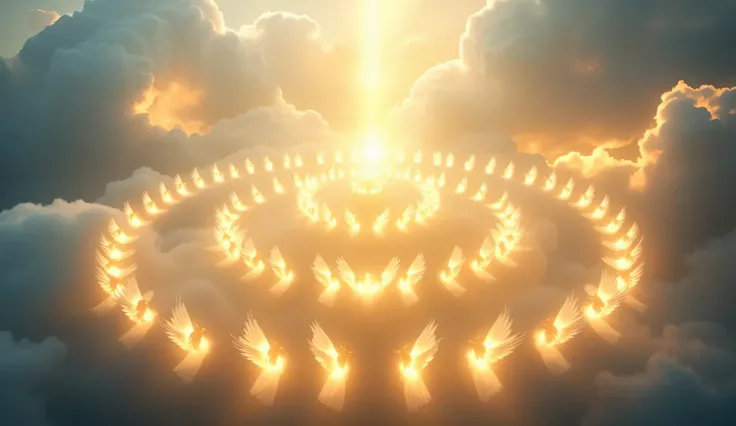 A majestic celestial realm filled with soft glowing light and ethereal mist. Dozens of faceless angelic beings formed of pure light float in harmony across the sky. They are positioned in circular formations, all bowing and raising their luminous hands in ...