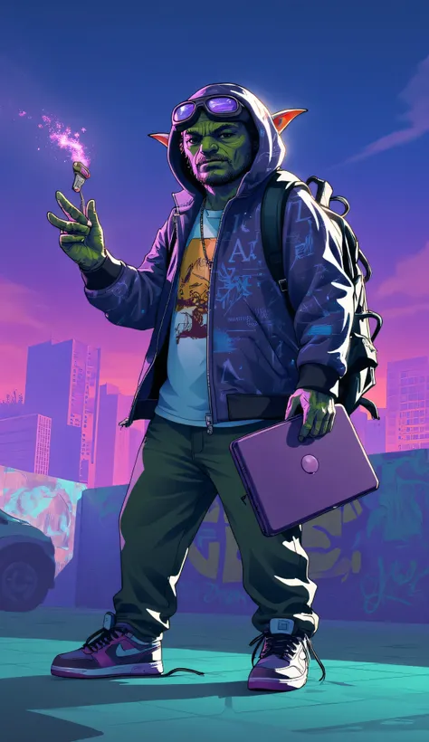 goblin, cool IT hacker, Grand Theft Auto game cover style, sharp features, urban streetwear, hoodie with digital patterns, sneakers, tech goggles on the forehead, wires dangling from a backpack full of hacking gear, holding a laptop in one hand, and a flas...