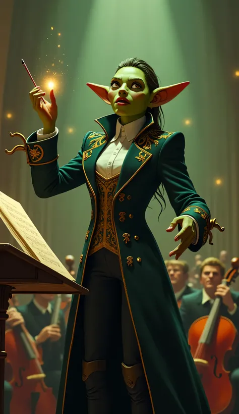 goblin, 1female, 1girl, conductor, leading a grand orchestra, fantasy setting, dramatic tailored conductor’s coat, gold embroidery, high collar, combined with eccentric accessories like monocle and magical brooch, green skin, sharp features, intense expres...
