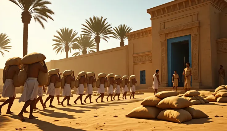 Ancient Egyptian scene in warm daylight showing a group of peasants walking in a straight line, carrying large sacks of grain on their backs. They are barefoot, wearing short white wrap-style garments. The figures are heading toward a stone granary buildin...