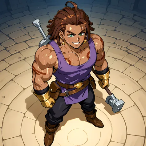 ((epic fight scene, scenery from above, side angle, epic scene, attacking with the hammer, cutting wind, impact of the attack, sensation of movement of the attack)), ((standing through medieval city, Chrono Trigger anime style kingdom, 1 man, solo):1.15), ...