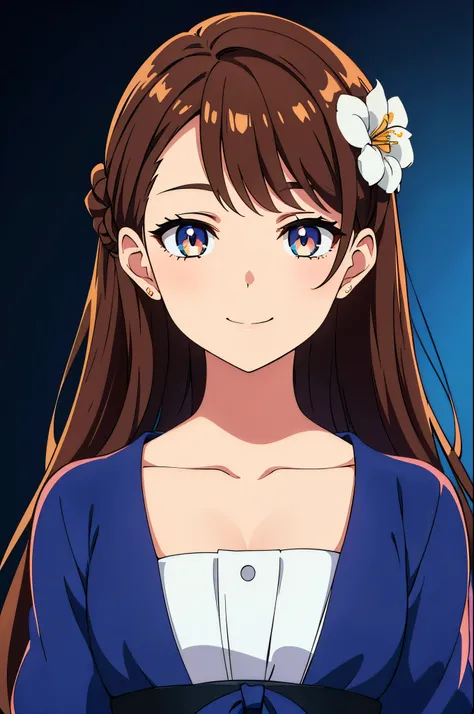 (high-quality, breathtaking),(expressive eyes, perfect face), dress, modern clothing, stylized clothing, accessories, hairclip, Symmetrical Eyes, portrait, headshot, colorful background, floral flowers, cute smile, brown hair, tied back hairstyle, 
