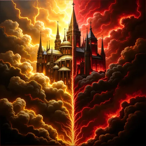 drawing. Maximalism. Realism. The painting is divided into two parts. One half is a golden church palace covered in golden radiance flying in the clouds and golden lightning. The other half is a eerie Gothic cathedral covered in crimson radiance and red fl...