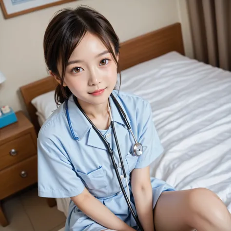  nurse clothes, cute girl, masterpiece, thin shoulders, white skin,Thin Arms,skinny, very skinny ,shortハイト 130センチメートル , thin legs, Thin Thighs, I can clearly see the whole POV,診察室の椅子に I can clearly see the whole POV, I'm hanging my stethoscope from my neck...