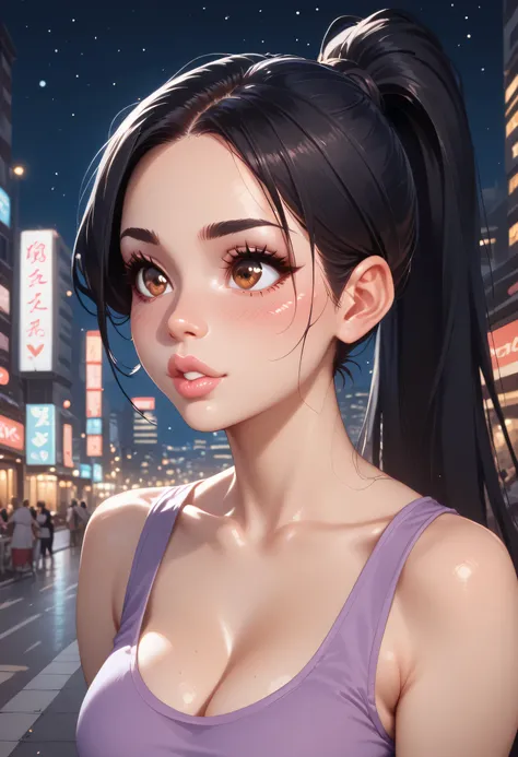 (perfect face), (black hair, very long ponytail), black thin eyebrows, brown eyes, black eyeliners, nose, blushing, normal lips, pink lips, lips parted, collarbone, cleavage, medium breasts, purple tank top, beautiful face, beautiful city, japanese in city...