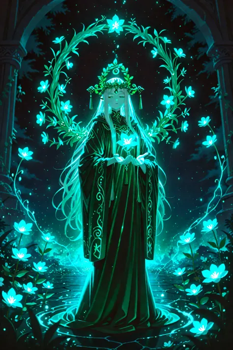 Dream Flower Girl,The skin is like jade,The headpiece is a crystal flower crown,The costume is a natural magic robe composed of vines and feathers,The hands surround floating flowers and magic particles,The background is a mysterious aura and a floating te...