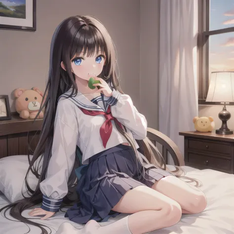 A cute girl wearing a Japanese schoolgirl sailor uniform. She is sitting on a bed in a cozy, plush-filled girl's bedroom. Her hands are lightly clasped in front of her mouth, as if holding something invisible. Her expression is dreamy and happy, with sligh...