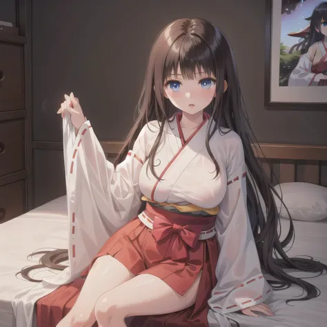 portrait of a beautiful girl with translucent skin and softly expressive eyes, gentle blush, subtly glowing gradient hair, delicate emotional line art with soft shadows, evoking a melancholic and enchanting mood. She is wearing a traditional red and white ...