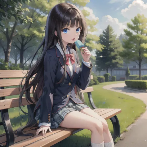 A cute anime-style high school girl wearing a neat Japanese blazer school uniform. She is sitting on a wooden park bench under the clear daytime sky. The girl is holding a rectangular ice cream bar with both hands, firmly yet delicately, and biting it gent...