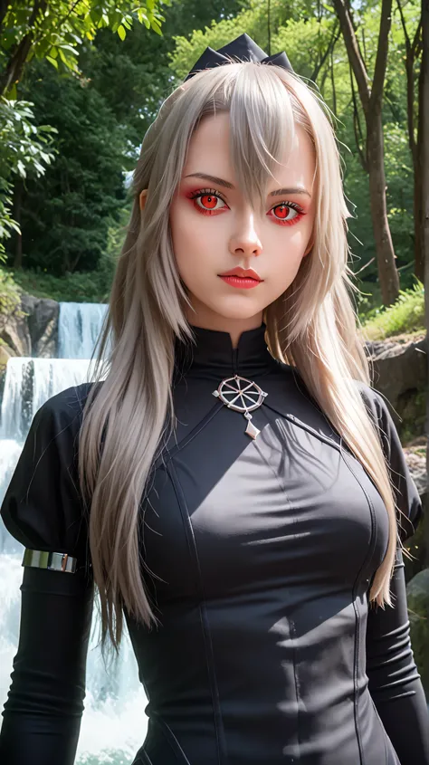1girl, solo,eydish,red eyes,gray hair,long hair,outdoors,potrait,medium breast,forest,(half body:1.4),front view,standing under waterfall,waterfall background,looking at viewer,(potrait view:1.4),(wear sith outfit:1.5),hair between eyes,(wear stockings:1.3...