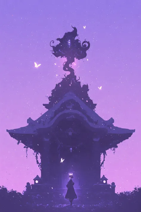 A futuristic shrine standing in a virtual garden,Wearing a dress woven from glowing vines and transparent petals,wearing a biomechanical crown,with digital runes floating around her face,Fluorescent butterflies and petals,The background is a dream space in...