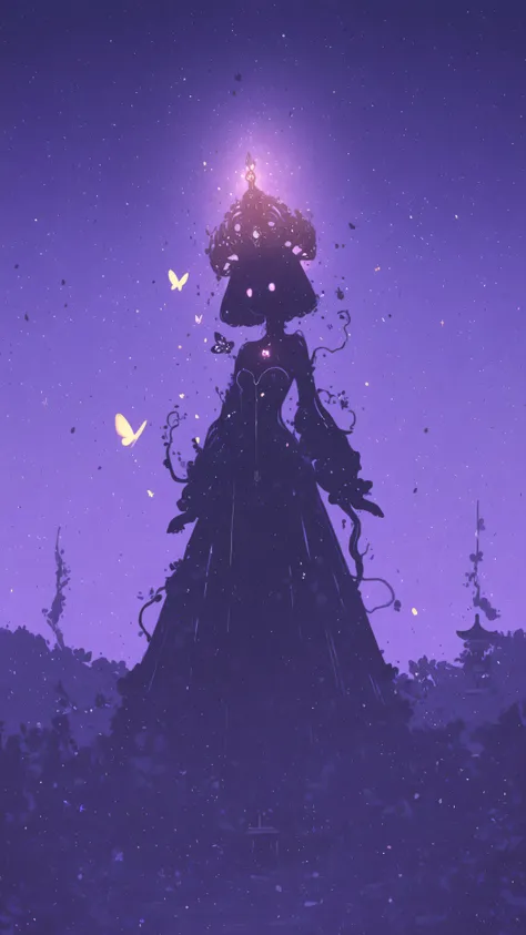 A futuristic shrine standing in a virtual garden,Wearing a dress woven from glowing vines and transparent petals,wearing a biomechanical crown,with digital runes floating around her face,Fluorescent butterflies and petals,The background is a dream space in...