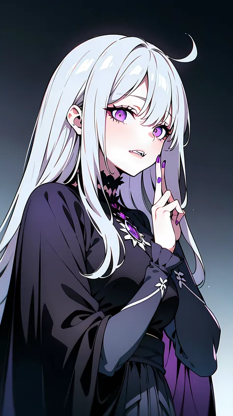 A vampire with fair skin and long silver hair, wearing a wide and elegant cape in shades of light white-gray. She has penetrating purple eyes. She exudes a dark and mysterious aura with a trusting and sadistic expression. Its fine lips and subtle fangs sta...