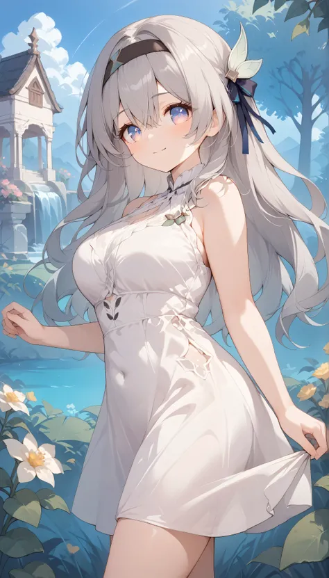 aahotaru, long hair, grey hair, black hairband, hair ornament, hair ribbon, multicolored eyes, large breasts, 　solo, I can see my eyebrows from the inside of my hair, hair between eyes,　 is embarrassing, masterpiece, Best Quality, very aesthetic, thick thi...