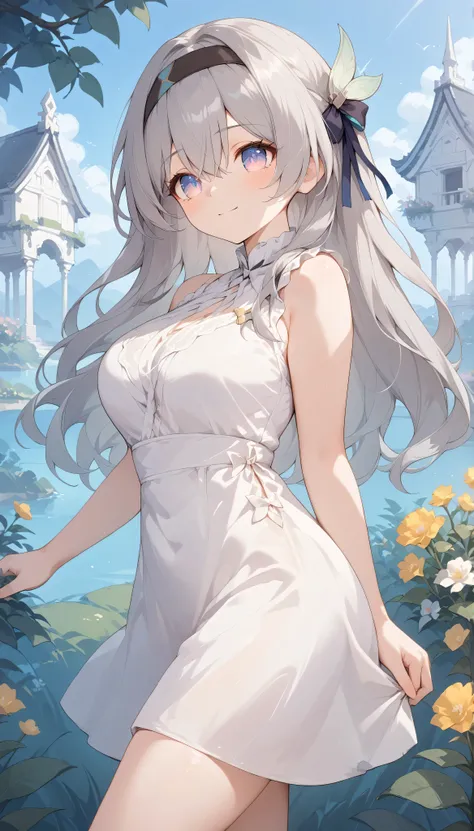 aahotaru, long hair, grey hair, black hairband, hair ornament, hair ribbon, multicolored eyes, large breasts, 　solo, I can see my eyebrows from the inside of my hair, hair between eyes,　 is embarrassing, masterpiece, Best Quality, very aesthetic, thick thi...