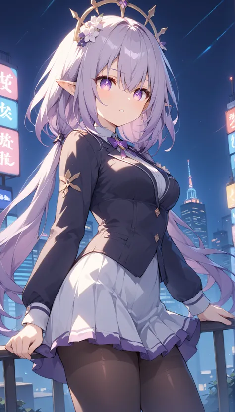 castorice, long hair, hair ornament, purple eyes, purple hair, pointy ears, elf, medium breasts,   low twintails, 　solo, I can see my eyebrows from the inside of my hair, hair between eyes,　 is embarrassing, masterpiece, Best Quality, very aesthetic, thick...