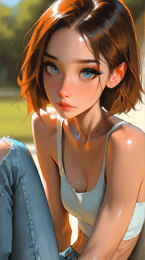 TEW2Juli, 1girl, skinny, short brown hair, pale blue eyes, eyeliner,   seductive, torn up baggy jeans, , sam yang, , masterpiece, best quality, very aesthetic, movie quality, depth of field, soft saturation, focused subject, ,official style, shiny skin, cl...