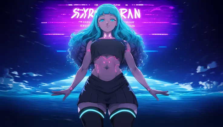 Create a vibrant YouTube thumbnail for NeonNightWave featuring a sultry anime-style girl with long, flowing hair (pink or purple) in a provocative pose. She’s wearing a tight, futuristic crop top with glowing neon accents (pink and cyan) and a short, sleek...
