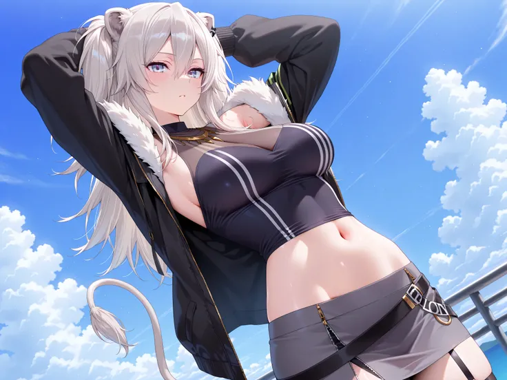 olo,masterpiece,best quality, amazing quality, highres, absurdres, very aesthetic, high resolution, ultra detailed, perfect details,botanIL, ear piercing, lion tail,botandef, long hair, navel, fur-trimmed jacket, hair between eyes, two side up, black jacke...