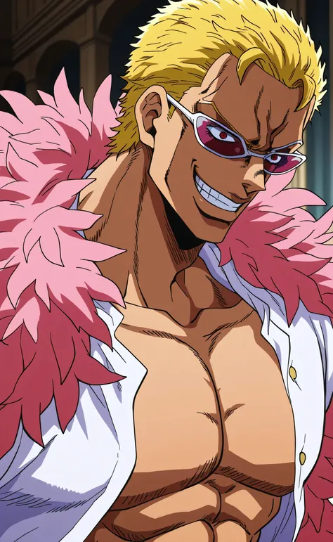 1male,solo,Don Quixote Doflamingo,blond hair,short hair,sunglasses,Crazy smile,white shirt,open shirt,big muscle,Opera house,Jojo's Bizarre Adventure Style