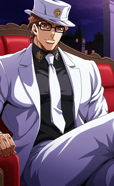 1male,solo,Sōsuke Aizen,brown hair,short hair,brown eyes,empty eyes,black glasses,square glasses,white suit,black shirt,white necktie,white hat,big muscle,smirk,night,luxury mansion,sitting on sofa,leg crossed,Jojo's Bizarre Adventure Style